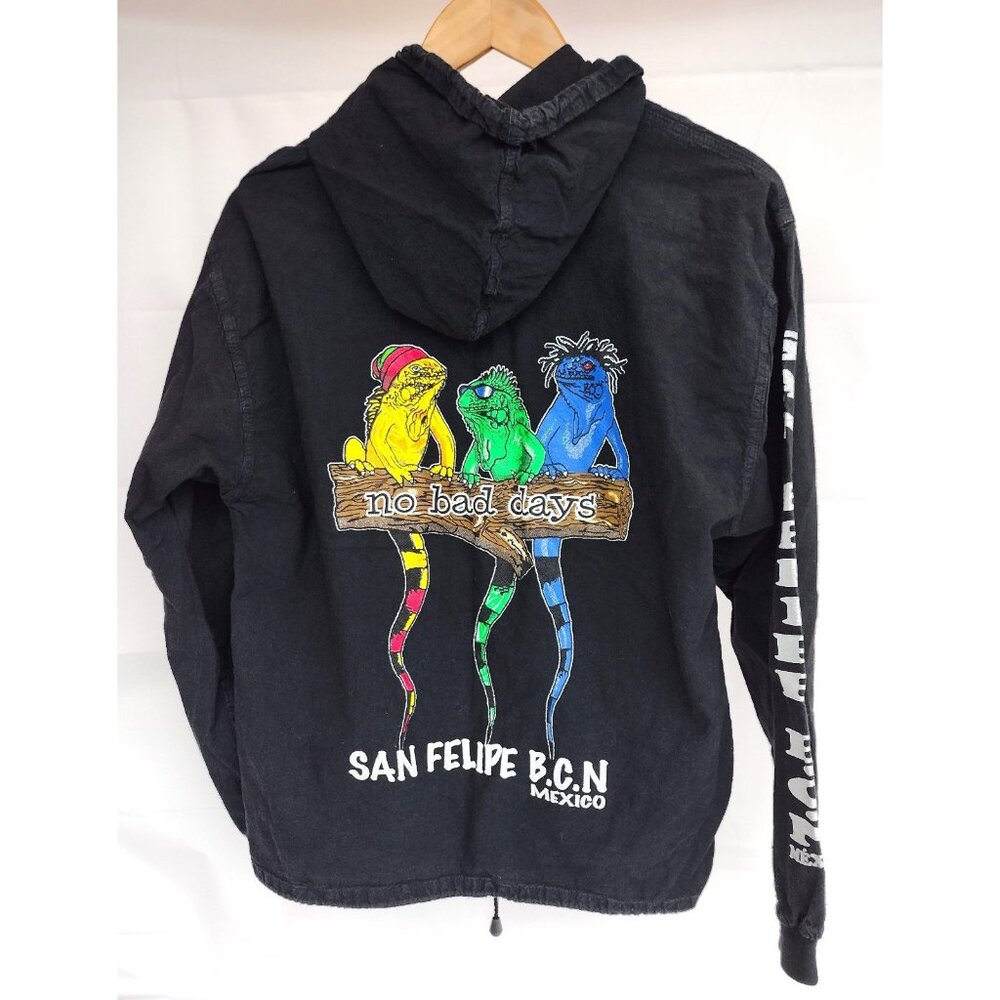 VTG Y2K Mexico No Bad Days Iguana San Felipe BCN 100% Cotton Zip Hoodie Size L